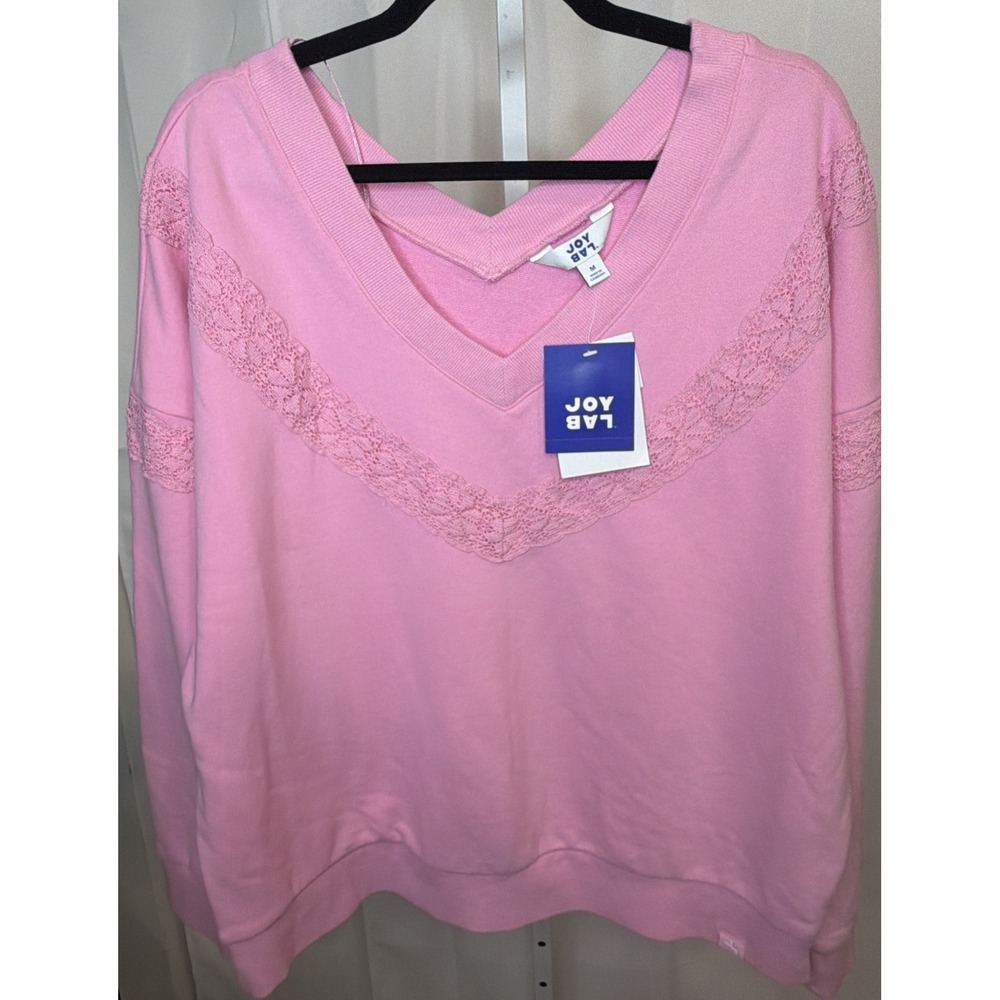 JoyLab Pink Crochet Trim V Neck Pullover Sweatshirt Size Medium - Picture 6 of 10